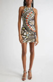 Women Retro Geometric Print Halter Neck Bodycon Dress