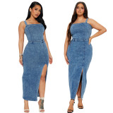 Women Sexy Strap Sleeveless Low Back Tight Waist Denim Dress