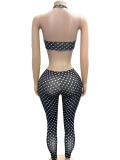Women Polka Dot Halter Neck Slim Fit Pants Set