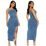 Women Sexy Strap Sleeveless Low Back Tight Waist Denim Dress