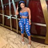 Women Strap Tank Tight Fit Polka Dot Headband Three-Piece Set