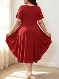Plus Size Women Solid Round Neck Short Sleeve A-Line Midi Dress