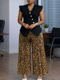 Women Fashion Sleeveless Button Solid V-Neck Printed Pleated Wide-Leg Pants Africa Two-Piece Set
