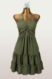 Women Solid Halter Neck Lace-Up Low Back Mini Dress