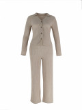 Women Casual Career Textured Bell Bottom Slim Waist Wide-Leg Pants Two-Piece Set