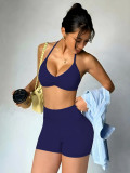 Women Seamless Yoga Halter Neck Low Back High Stretch Butt Lift Leggings Two-Piece Set
