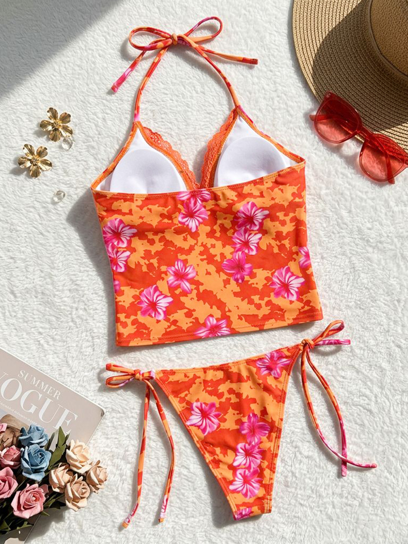 Lace Trim Lace-Up Two-Piece Tankini Swimsuit for Summer
