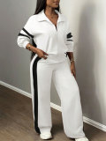 Women Casual Color-Block Striped Hooded Wide-Leg Pants Two-Piece Set