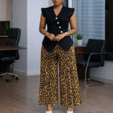 Women Fashion Sleeveless Button Solid V-Neck Printed Pleated Wide-Leg Pants Africa Two-Piece Set