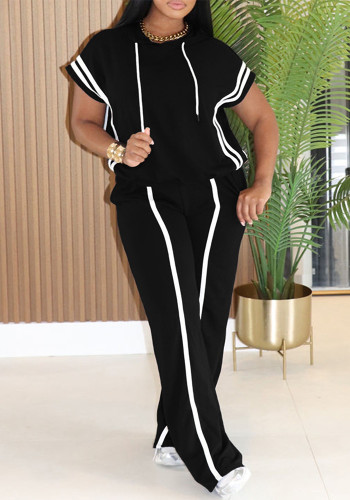 Women Casual Sport Hooded T-Shirt Wide-Leg Pants Striped Two-Piece Set