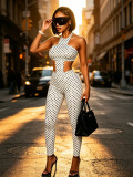 Women Polka Dot Halter Neck Slim Fit Pants Set