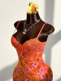 Women Sexy Lace Strap Slim Waist Print Low Back Bodycon Dress