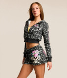 Women Leopard Print Zip Hooded Street Hoodie Shorts Set