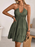 Women Solid Halter Neck Lace-Up Low Back Mini Dress