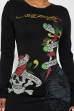 Women White Floral Round Neck Slim Waist Long Sleeve Bodycon Dress