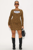 Women White Floral Round Neck Slim Waist Long Sleeve Bodycon Dress