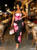 Women Sexy Black Pink Floral Halter Neck Bodycon Dress