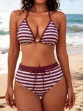 Women Burgundy Striped Halter Neck Low Waist Bikini Set