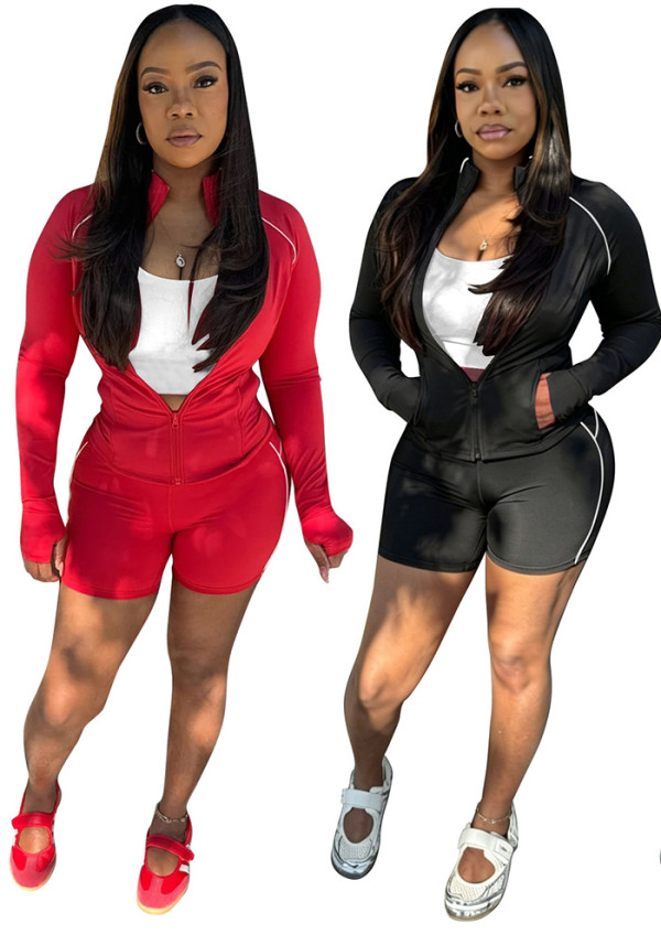 Women Sexy Casual Long Sleeve Sport Shorts Set