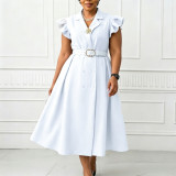 Summer Women Elegant Turn-Down Collar Double-Breasted Short Sleeve Plus Size Africa Dress