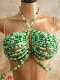 Women Green Beaded Halter Neck Crop Top Beach Party Vest