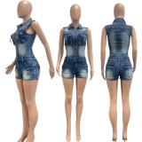 Women Sexy High-Stretch Washed Denim Pocket Jumpsuit