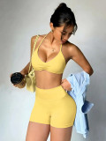 Women Seamless Yoga Halter Neck Low Back High Stretch Butt Lift Leggings Two-Piece Set
