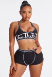 Black Women Street Letter Print Sleeveless Crop Tank Top Casual Set