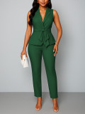 Summer Women Career Solid Sleeveless Blazer Tie Waist Pants Two-Piece Set