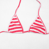 Summer Women Striped Print Bra Short Sleeve Top Three-Piece Set