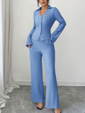Women Casual Career Textured Bell Bottom Slim Waist Wide-Leg Pants Two-Piece Set
