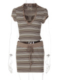 Women American Summer Striped V-neck Short Sleeve Skirt Set