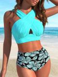 Women Black White Striped Polka Dot Cross Slim Fit Low Back Bikini Set