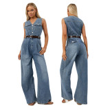 Women Slim Fit Stretch Denim Jumpsuit Wide-Leg Pants