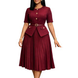 Summer Women Africa Round Neck Patchwork Pleated Faux Two-Piece Solid Plus Size Dress