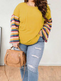 Plus Size Women Round Neck Patchwork Long Sleeve T-Shirt