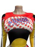 Women Sexy Letter Colorblock Long Sleeve Shorts Set