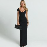 Summer Women V-Neck Low Back Slit Slim Fit Dress