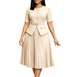 Summer Women Africa Round Neck Patchwork Pleated Faux Two-Piece Solid Plus Size Dress