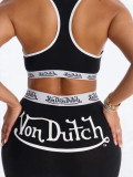 Sexy Black Women Printed Slim Fit Tank Top Pants Set
