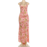 Summer Women Slim Waist Printed Strap Dress