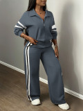 Women Casual Color-Block Striped Hooded Wide-Leg Pants Two-Piece Set