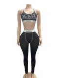 Sexy Black Women Printed Slim Fit Tank Top Pants Set
