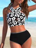 Women Black White Striped Polka Dot Cross Slim Fit Low Back Bikini Set