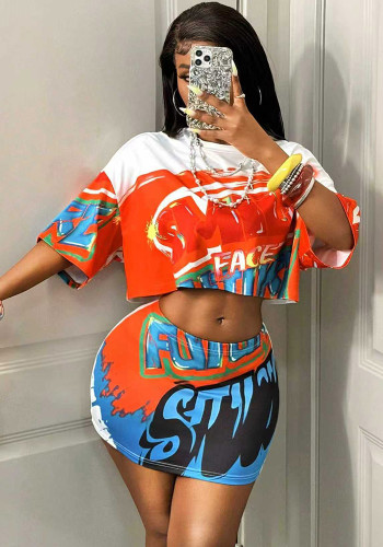 Women Casual Patchwork Top Tight Fit Bodycon Skirt Two-Piece Set