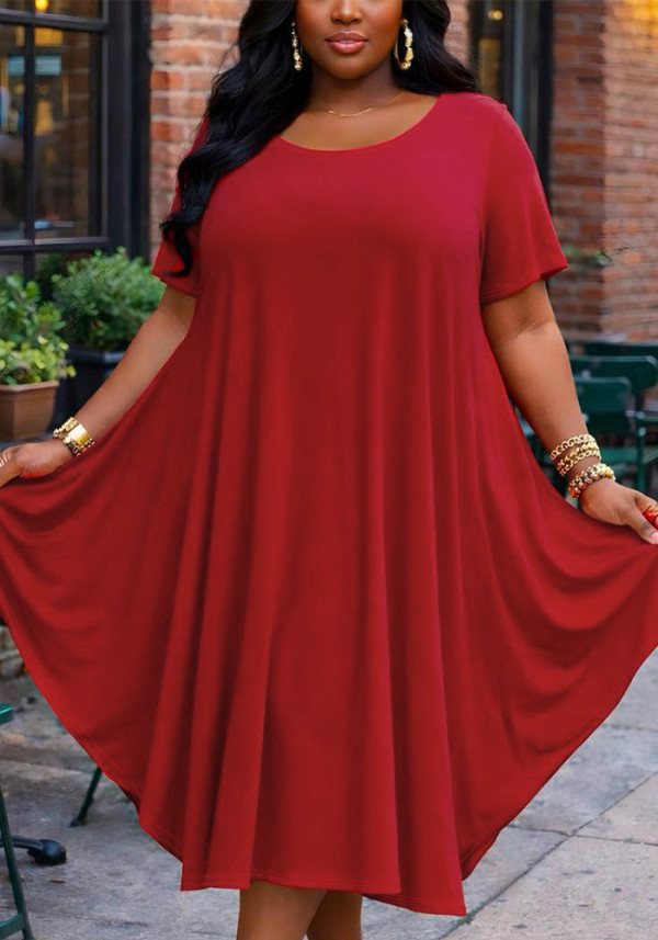 Plus Size Women Solid Round Neck Short Sleeve A-Line Midi Dress