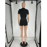 Summer Women High-Stretch Zip Hooded Casual Short Sleeve Top Shorts Two-Piece Set