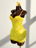 Women Sexy Lace Strap Slim Waist Print Low Back Bodycon Dress