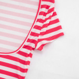 Summer Women Striped Print Bra Short Sleeve Top Three-Piece Set
