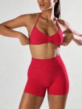Women Seamless Yoga Halter Neck Low Back High Stretch Butt Lift Leggings Two-Piece Set